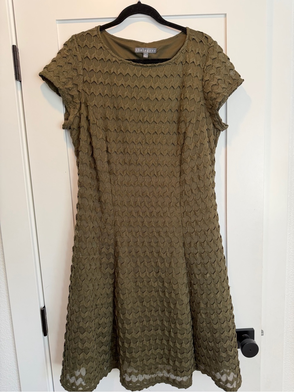 Sharagano Olive Green Textured Fit-and-Flare Dress